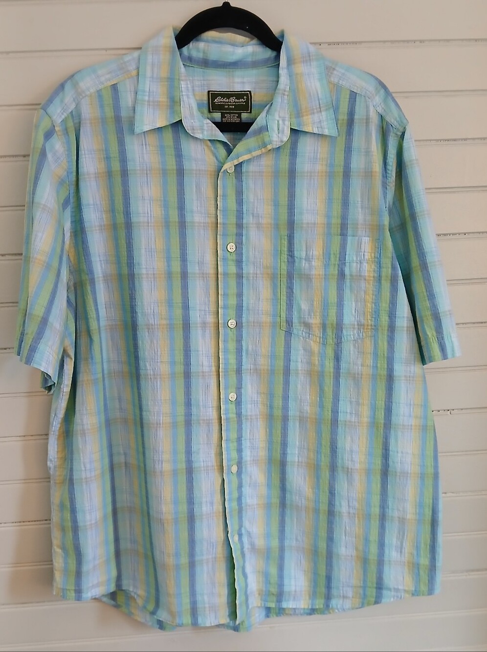 Eddie Bauer Light Blue, Green & Yellow Plaid Short-Sleeve Button-Down Large
